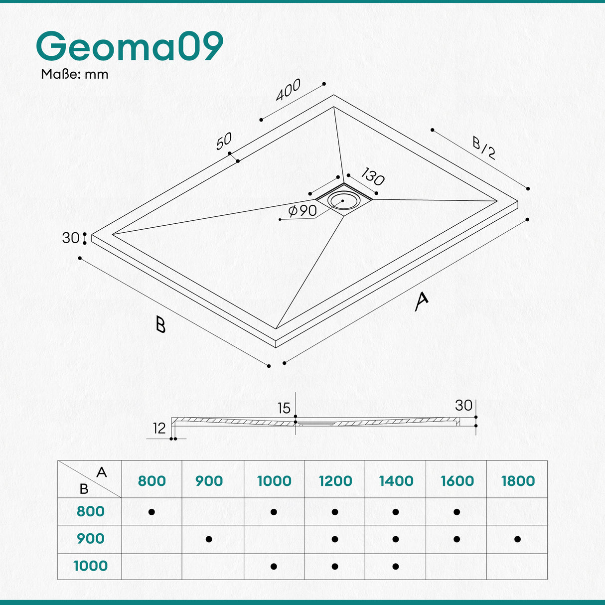 glasvilla Piatto Doccia in Pietra Artificiale Piatto Doccia con Attacco DIN, Altezza 3CM, Geoma09