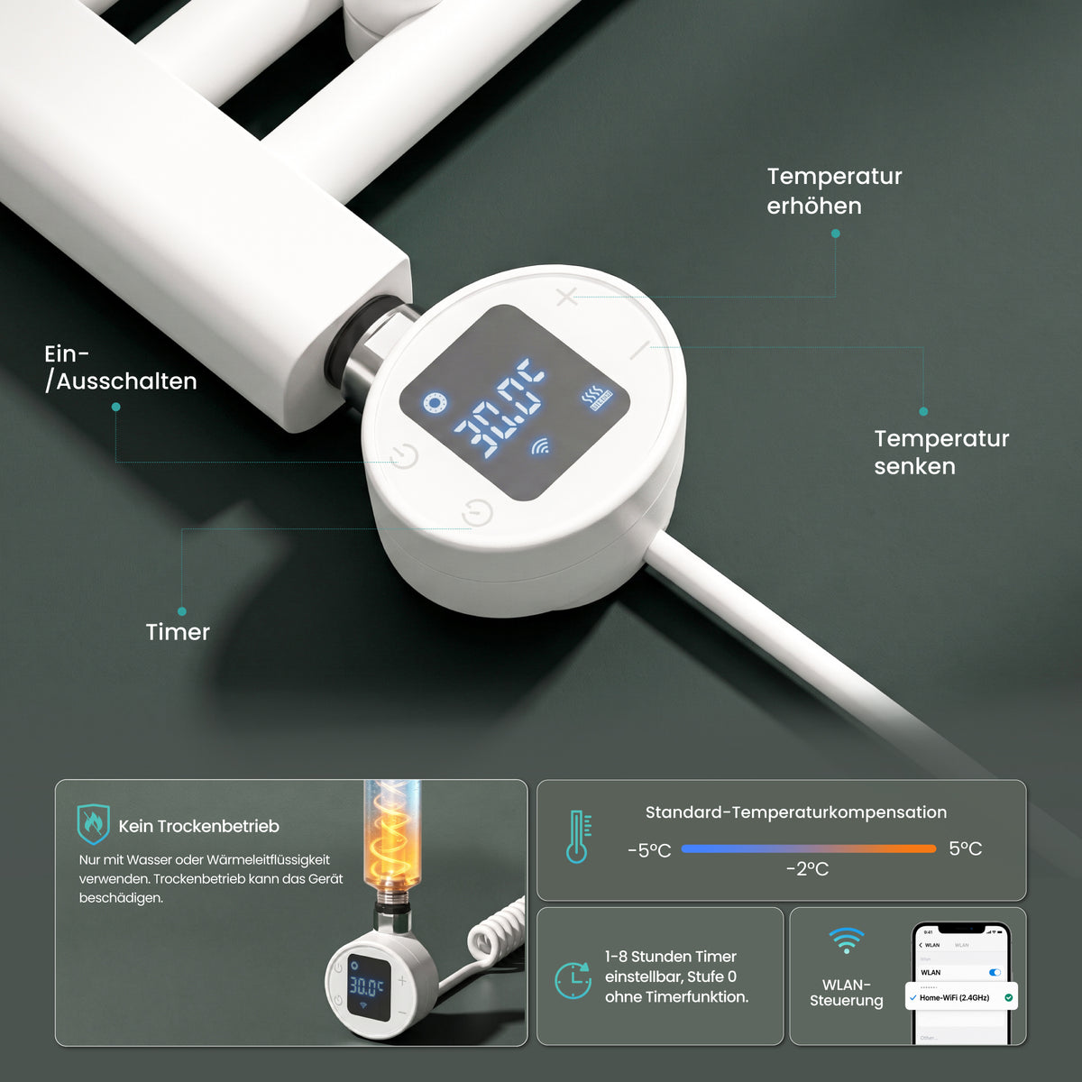 glasvilla Smart WiFi Heizstab für Badheizkörper, Heizelement Elektrischer Heizstab mit App-Steuerung, Thermostat & Timer-Funktion, Heizpatrone für Handtuchheizkörper Heizstab-03