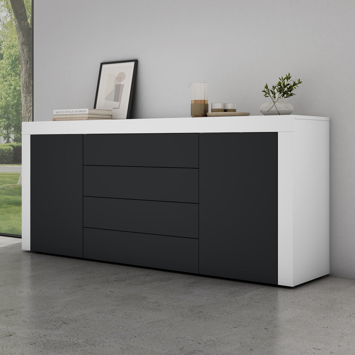 glasvilla Aparador Almacenamiento BTH: 167x36x70 cm con 2 Armarios y 4 Cajones Comoda Mueble Armario03