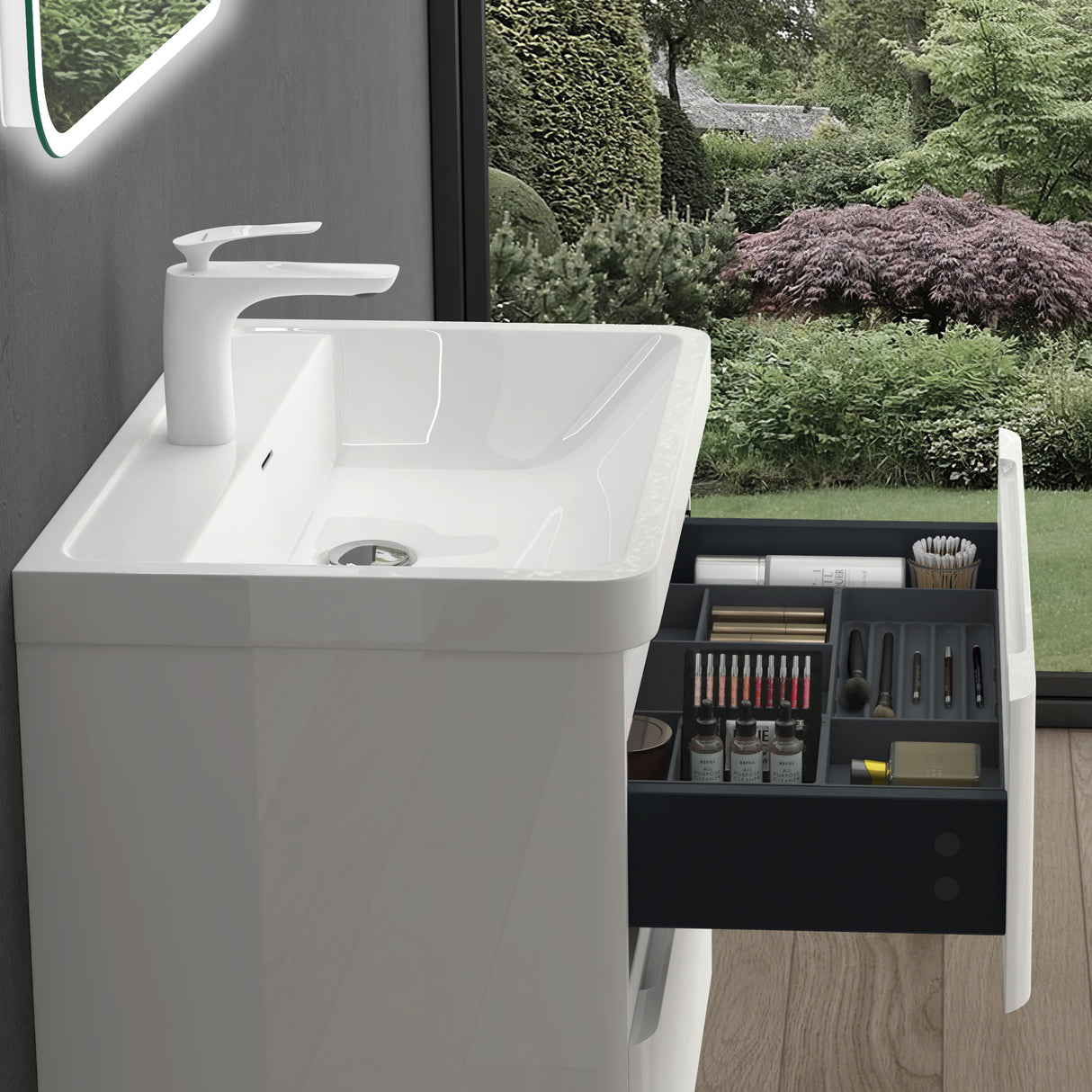 glasvilla Mobile Bagno Sospeso, Mobile da Bagno con Cassetto a Chiusura Soft-Close e Lavabo da Marmo fuso, Lucca