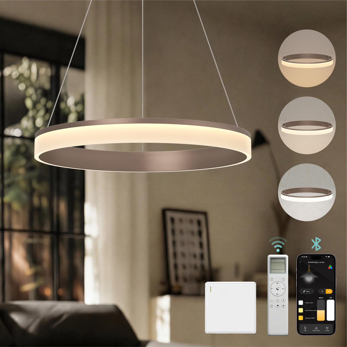 glasvilla Pendelleuchte Esstisch, LED Hängelampe, stufenlos dimmbar 3000K–6000K, höhenverstellbare Esstischlampe mit Fernbedienung & Wandschalter Luvina02