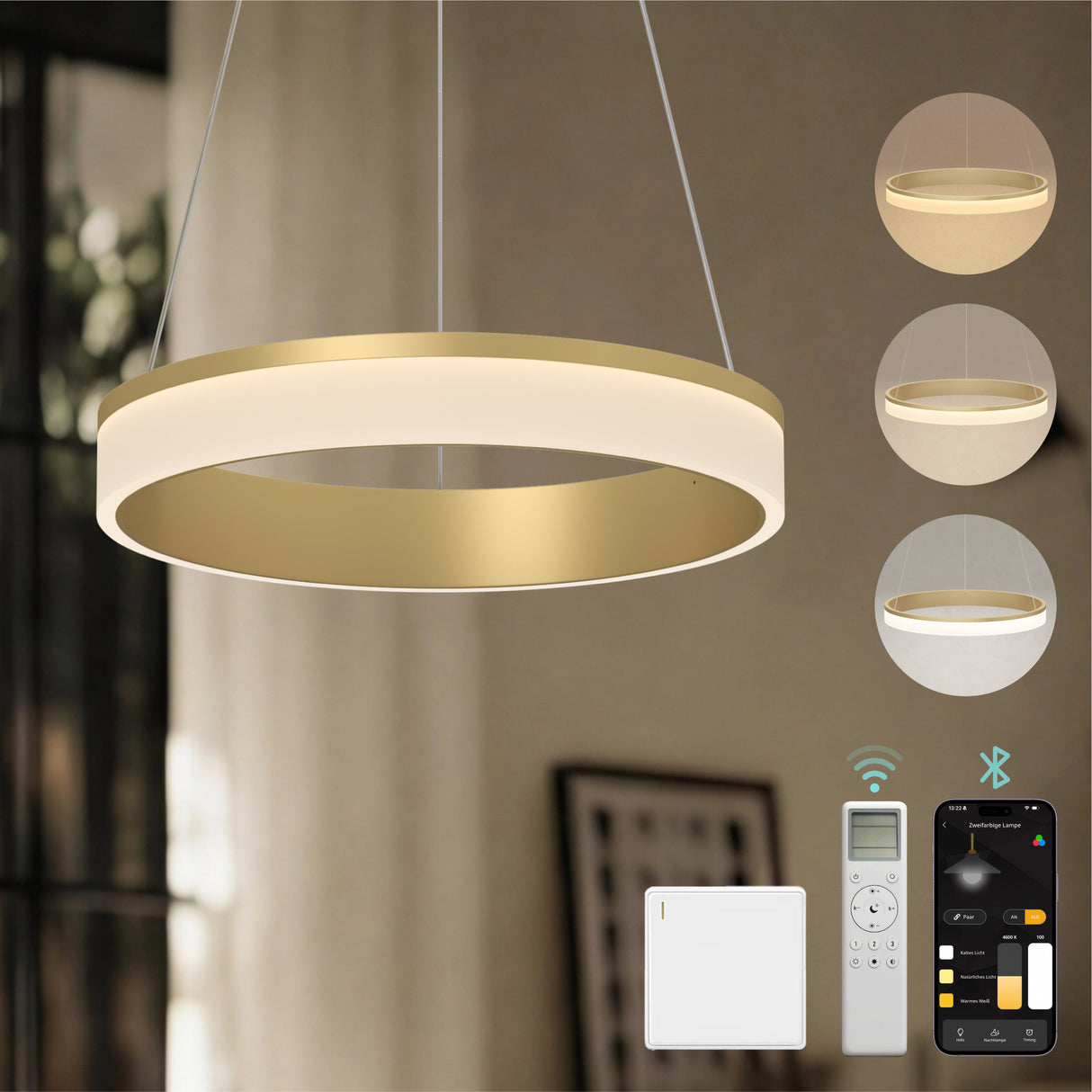 glasvilla Pendelleuchte Esstisch, LED Hängelampe, stufenlos dimmbar 3000K–6000K, höhenverstellbare Esstischlampe mit Fernbedienung & Wandschalter Luvina02