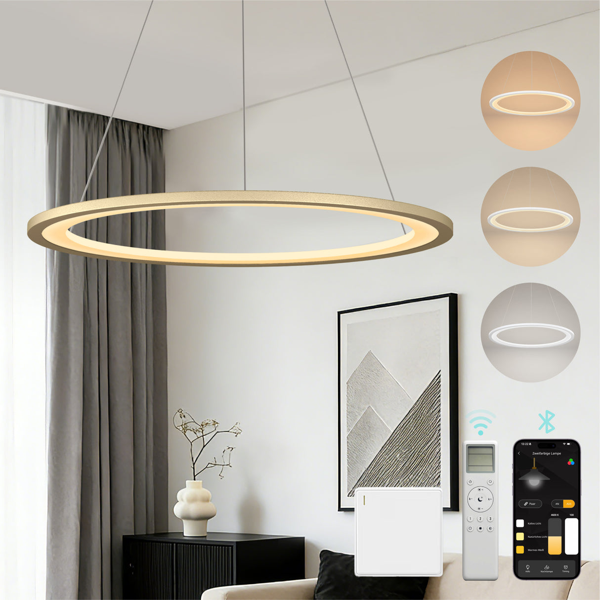 glasvilla Pendelleuchte Esstisch, LED Hängelampe, stufenlos dimmbar 3000K–6000K, höhenverstellbare Esstischlampe mit Fernbedienung & Wandschalter Luvina01