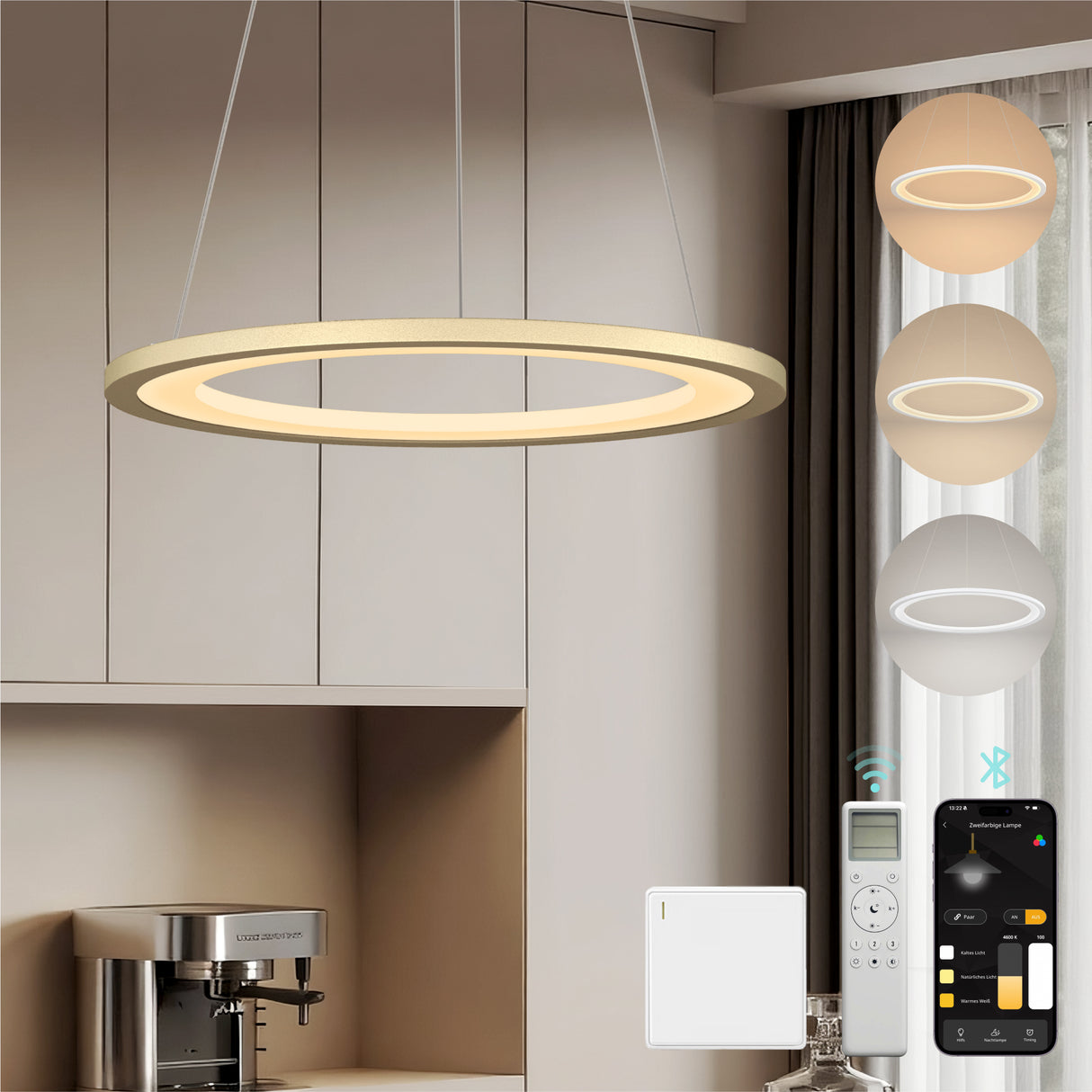 glasvilla Pendelleuchte Esstisch, LED Hängelampe, stufenlos dimmbar 3000K–6000K, höhenverstellbare Esstischlampe mit Fernbedienung & Wandschalter Luvina01