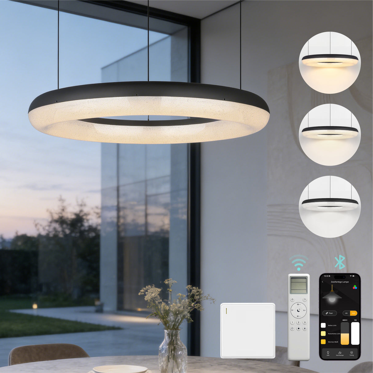 glasvilla Pendelleuchte Esstisch, LED Moderne Hängelampe, stufenlos dimmbar 3000K–6000K, höhenverstellbare Design Esstischlampe mit Fernbedienung & Wandschalter, Luvina03