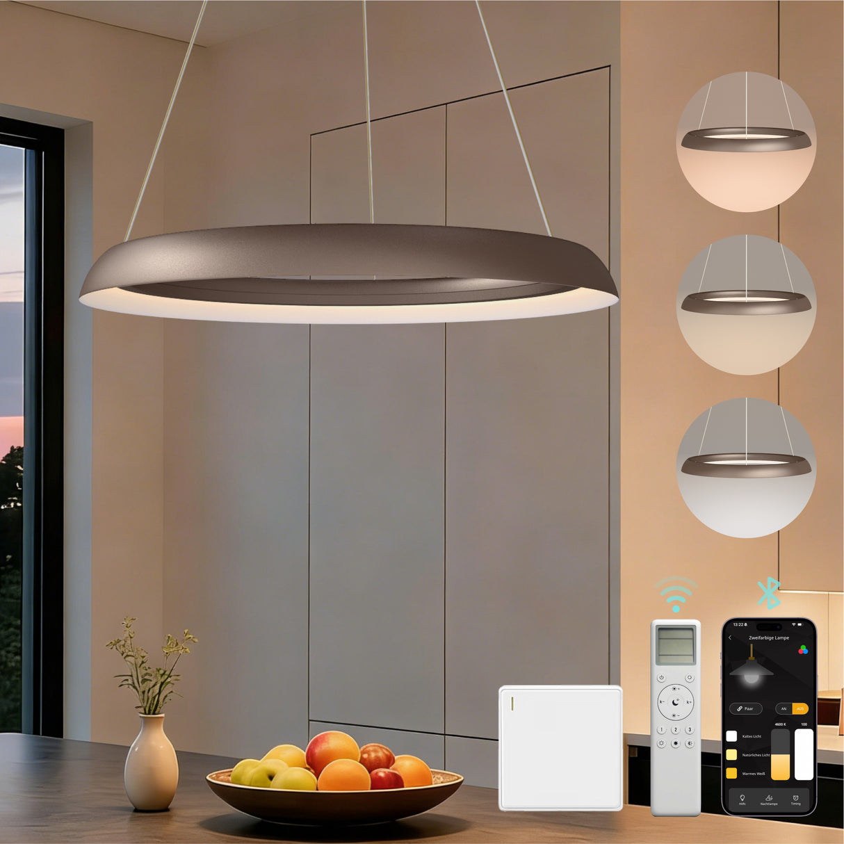 glasvilla Pendelleuchte Esstisch, LED Moderne Hängelampe, stufenlos dimmbar 3000K–6000K, höhenverstellbare Design 20W Esstischlampe mit Fernbedienung & Wandschalter, Luvina04