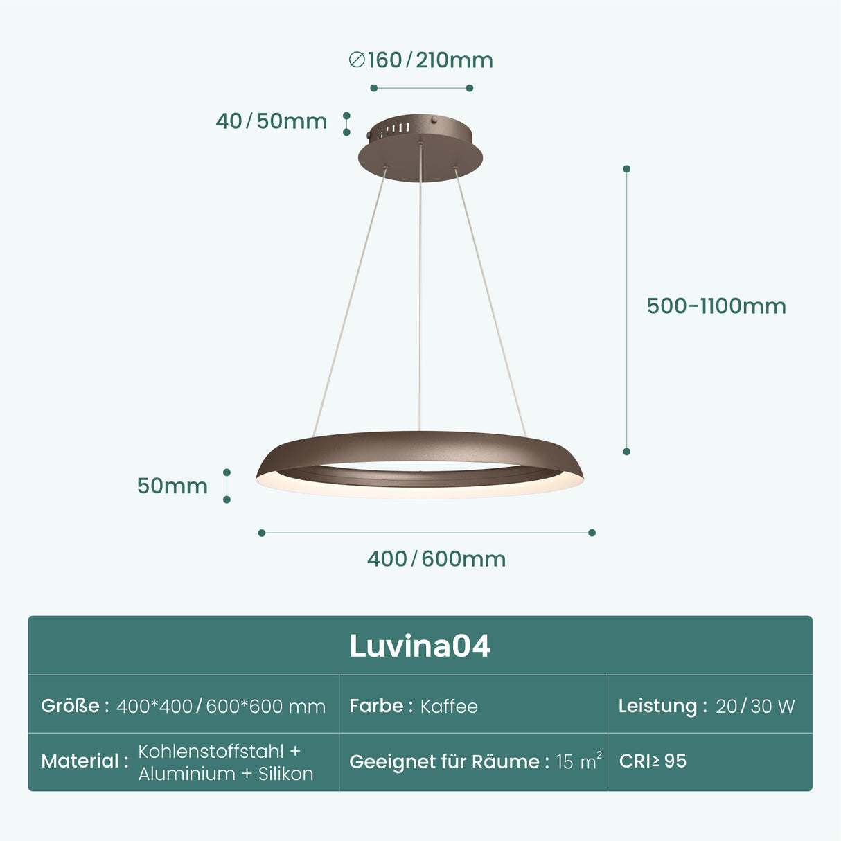 glasvilla Pendelleuchte Esstisch, LED Moderne Hängelampe, stufenlos dimmbar 3000K–6000K, höhenverstellbare Design 20W Esstischlampe mit Fernbedienung & Wandschalter, Luvina04