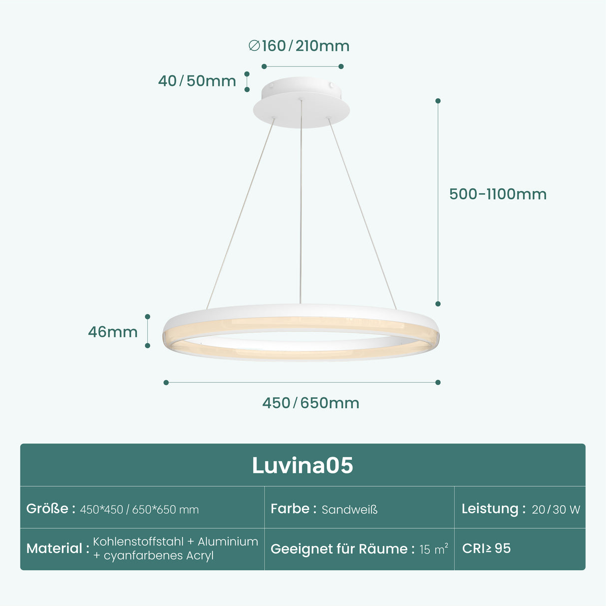 glasvilla Mai & Mai Pendelleuchte Esstisch, LED Moderne Hängelampe, stufenlos dimmbar 3000K–6000K, höhenverstellbare Design Esstischlampe mit Fernbedienung & Wandschalter, Luvina05