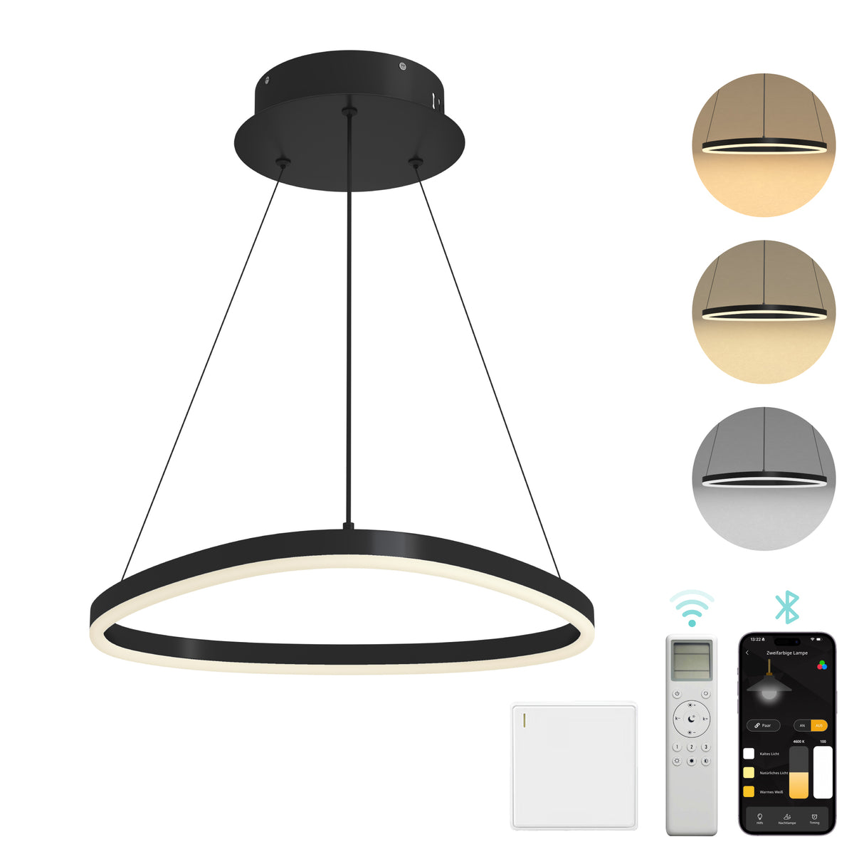 glasvilla Lampadario a Sospensione 16W, 50CM, Lampada da Soffitto a Sospensione 3000K/4000K/6000K con Cavo Regolabile per Camera da Letto e Soggiorno