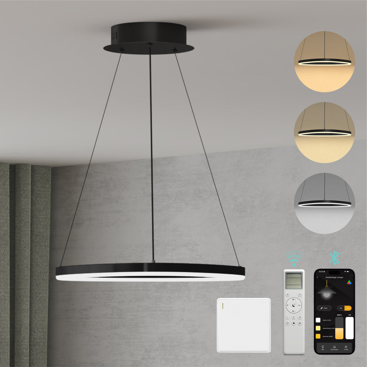 glasvilla Lampadario a Sospensione 16W, 50CM, Lampada da Soffitto a Sospensione 3000K/4000K/6000K con Cavo Regolabile per Camera da Letto e Soggiorno
