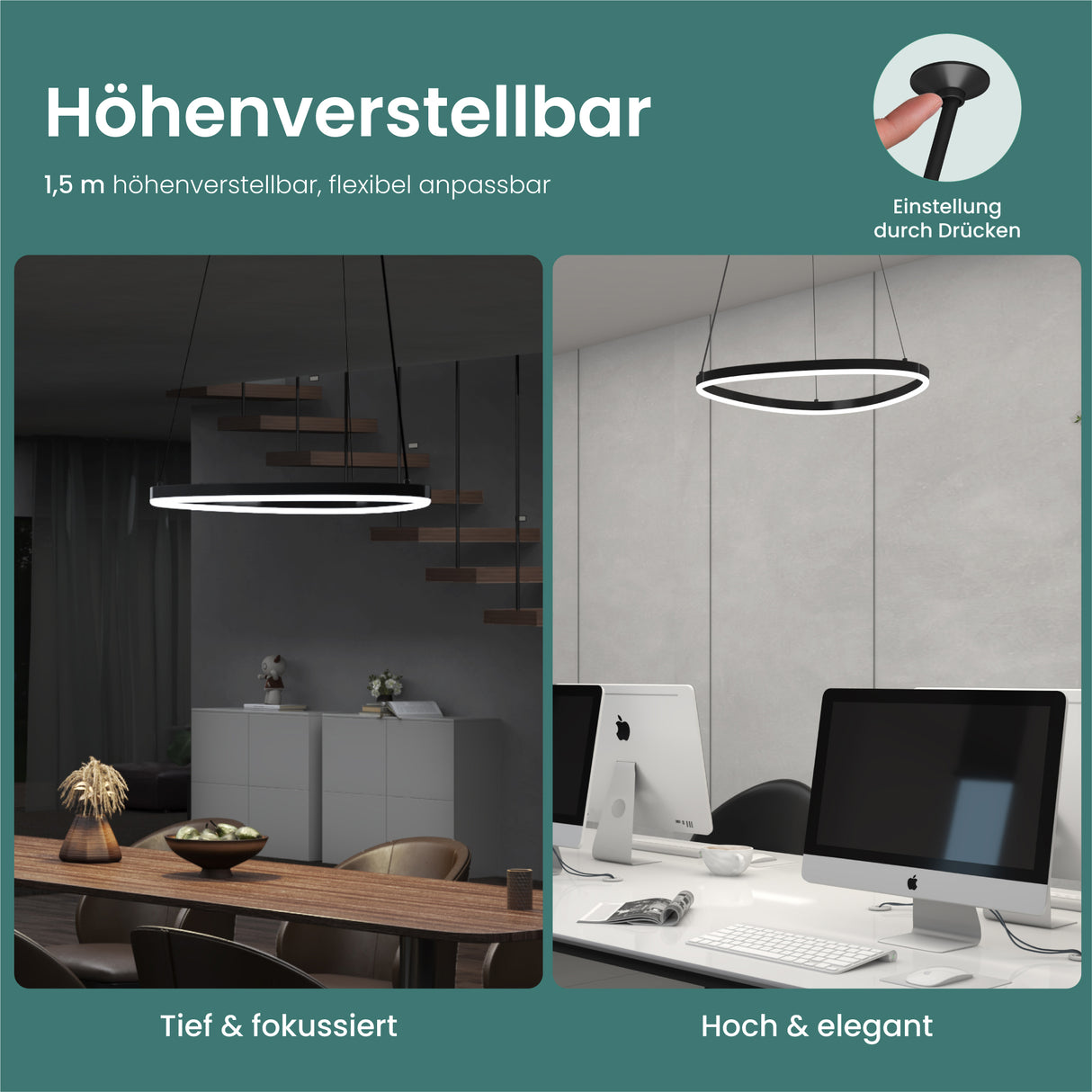 glasvilla Lampadario a Sospensione 16W, 50CM, Lampada da Soffitto a Sospensione 3000K/4000K/6000K con Cavo Regolabile per Camera da Letto e Soggiorno