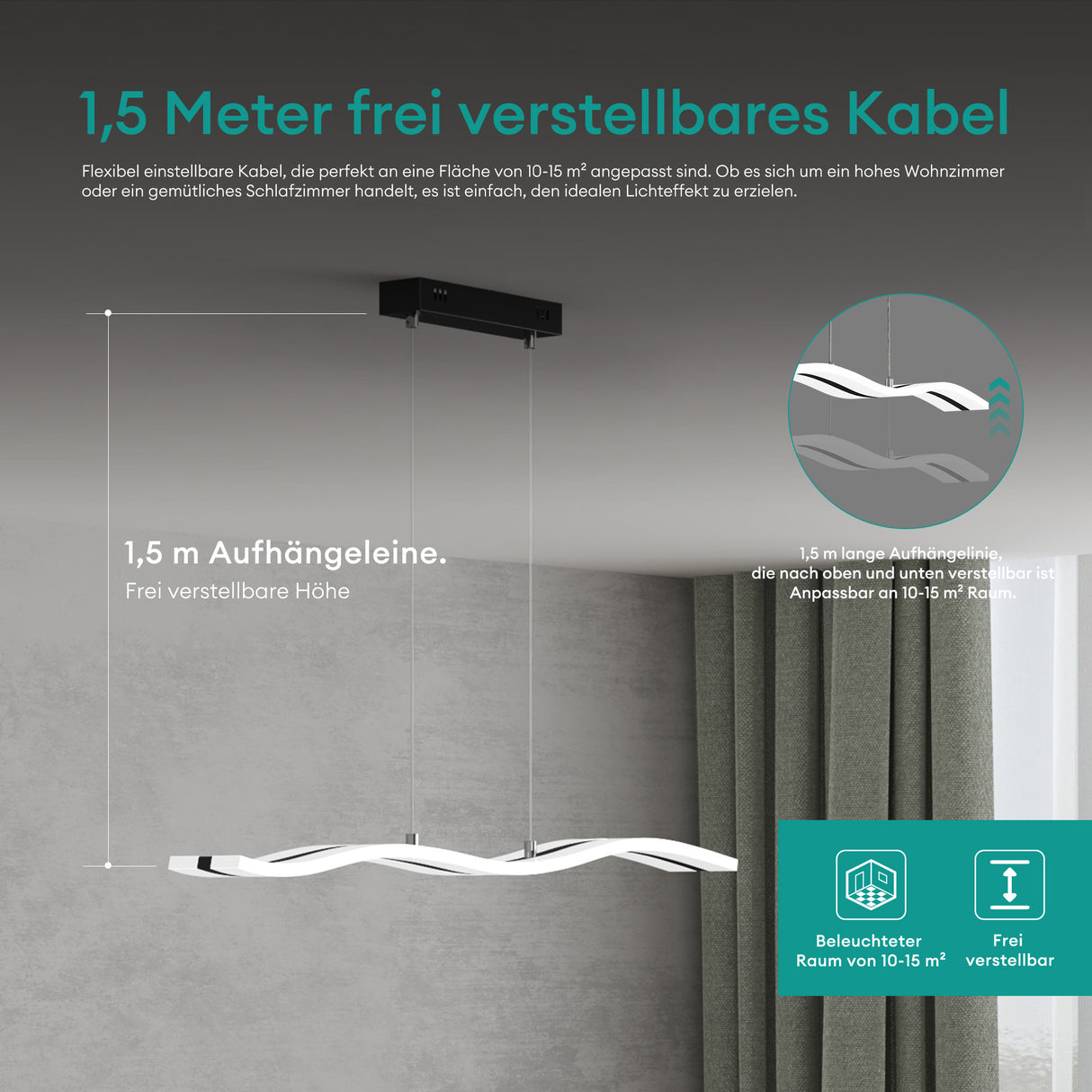 Glasvilla Design – Lámpara colgante LED 97 cm regulable con mando, 3000K–6000K, cable ajustable (36W)