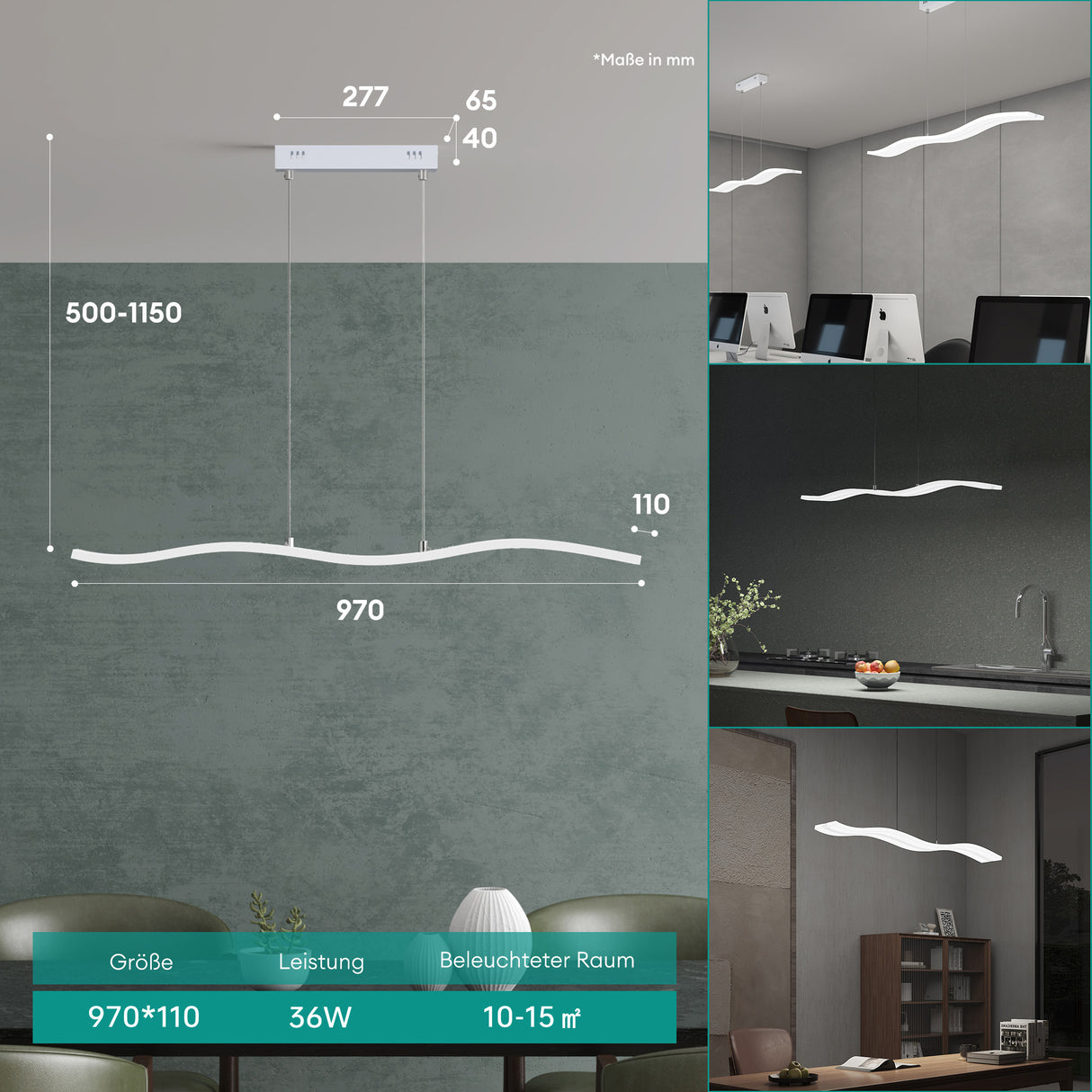 glasvilla Lampadario a Sospensione 36W, 97CM, Lampada da Soffitto a Sospensione Dimmerabile con Telecomando 3000K/4000K/6000K e Cavo Regolabile per Camera da Letto e Soggiorno
