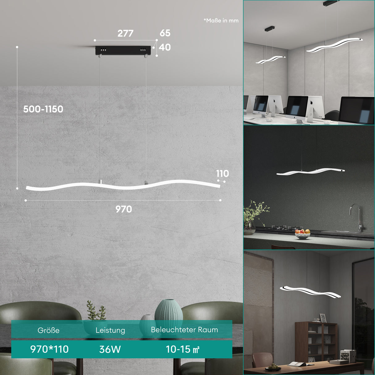 Glasvilla Design – Lámpara colgante LED 97 cm regulable con mando, 3000K–6000K, cable ajustable (36W)