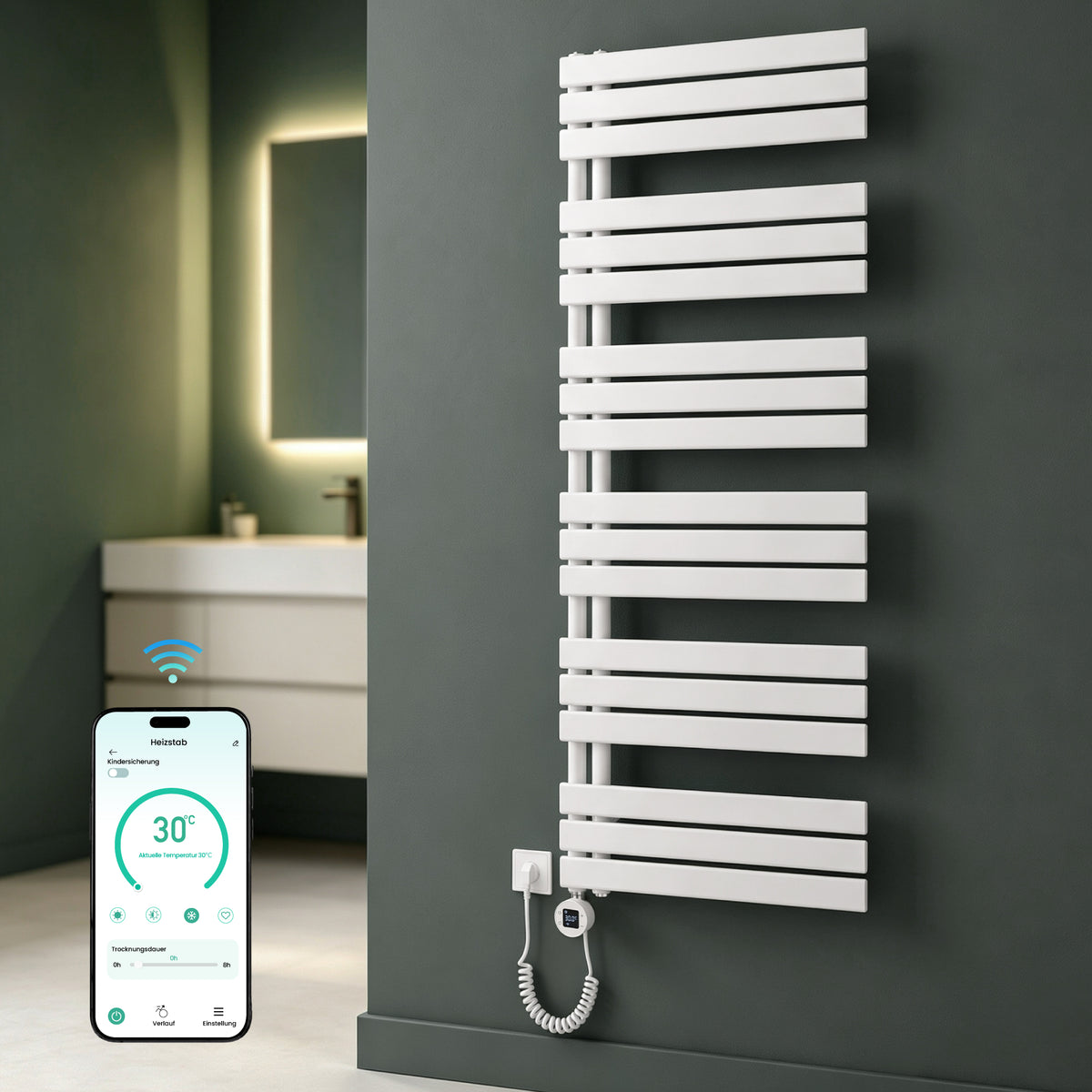 glasvilla Badheizkörper,mit Heizstab Badheizung,Handtuchheizkörper mit Seitenanschluss, Handtuchwärmer mit Heizstab 600W/900W, App-Steuerung, Thermostat und Timerfunktion,FN con Heizstab-03