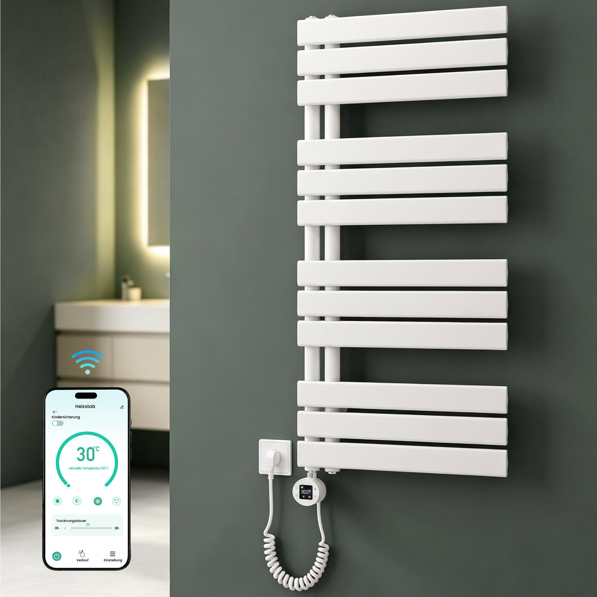 glasvilla Badheizkörper,mit Heizstab Badheizung,Handtuchheizkörper mit Seitenanschluss, Handtuchwärmer mit Heizstab 600W/900W, App-Steuerung, Thermostat und Timerfunktion,FN con Heizstab-03