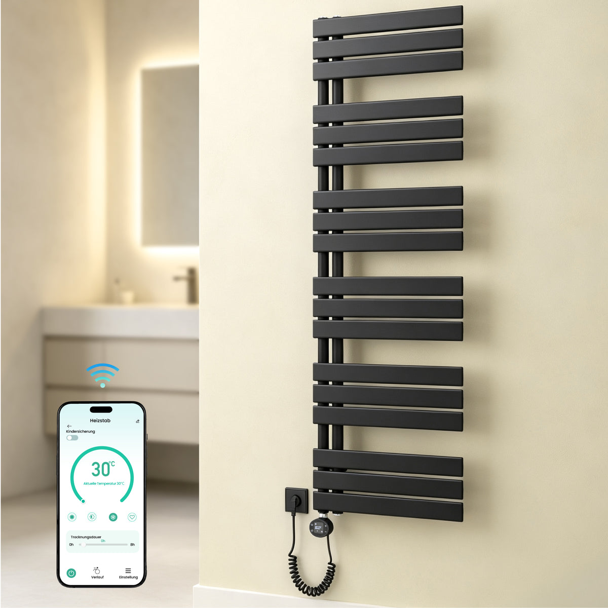 glasvilla Badheizkörper,mit Heizstab Badheizung,Handtuchheizkörper mit Seitenanschluss, Handtuchwärmer mit Heizstab 600W/900W, App-Steuerung, Thermostat und Timerfunktion,FN con Heizstab-03