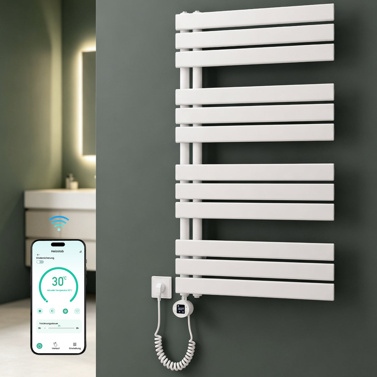 glasvilla Badheizkörper,mit Heizstab Badheizung,Handtuchheizkörper mit Seitenanschluss, Handtuchwärmer mit Heizstab 600W/900W, App-Steuerung, Thermostat und Timerfunktion,FN con Heizstab-03