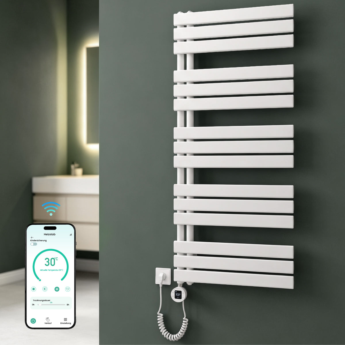 glasvilla Badheizkörper,mit Heizstab Badheizung,Handtuchheizkörper mit Seitenanschluss, Handtuchwärmer mit Heizstab 600W/900W, App-Steuerung, Thermostat und Timerfunktion,FN con Heizstab-03