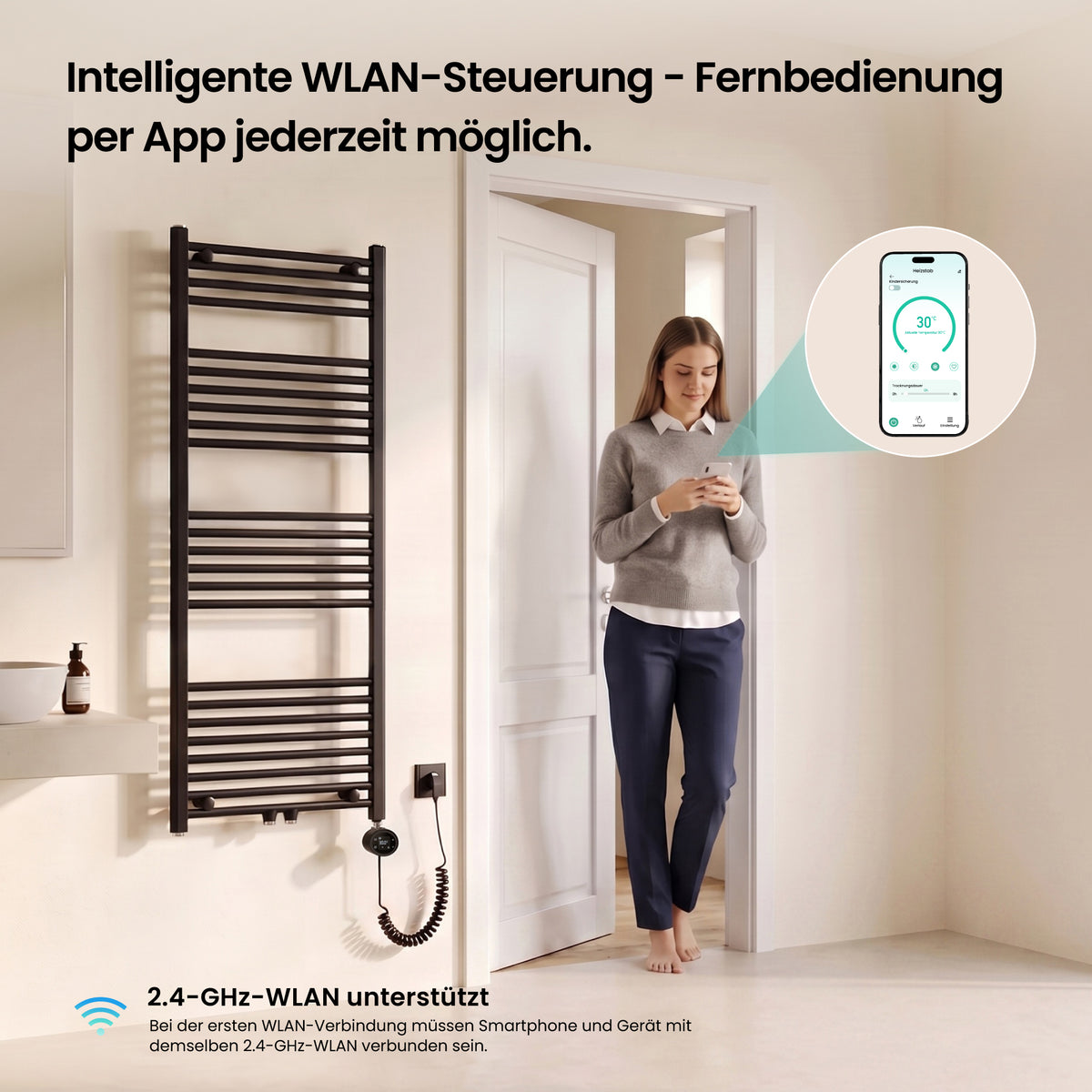 glasvilla Badheizkörper mit Heizstab Badheizung Handtuchheizkörper elektrisch mit App-Steuerung, Thermostat & Timer-Funktion, Röhrenheizkörper Seitenanschluss