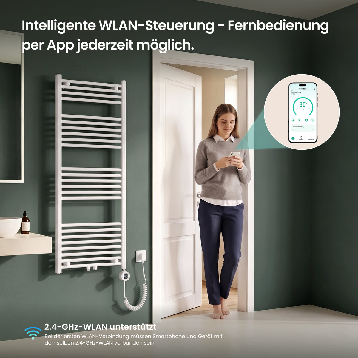 glasvilla Badheizkörper mit Heizstab Badheizung Handtuchheizkörper elektrisch mit App-Steuerung, Thermostat & Timer-Funktion, Röhrenheizkörper Seitenanschluss