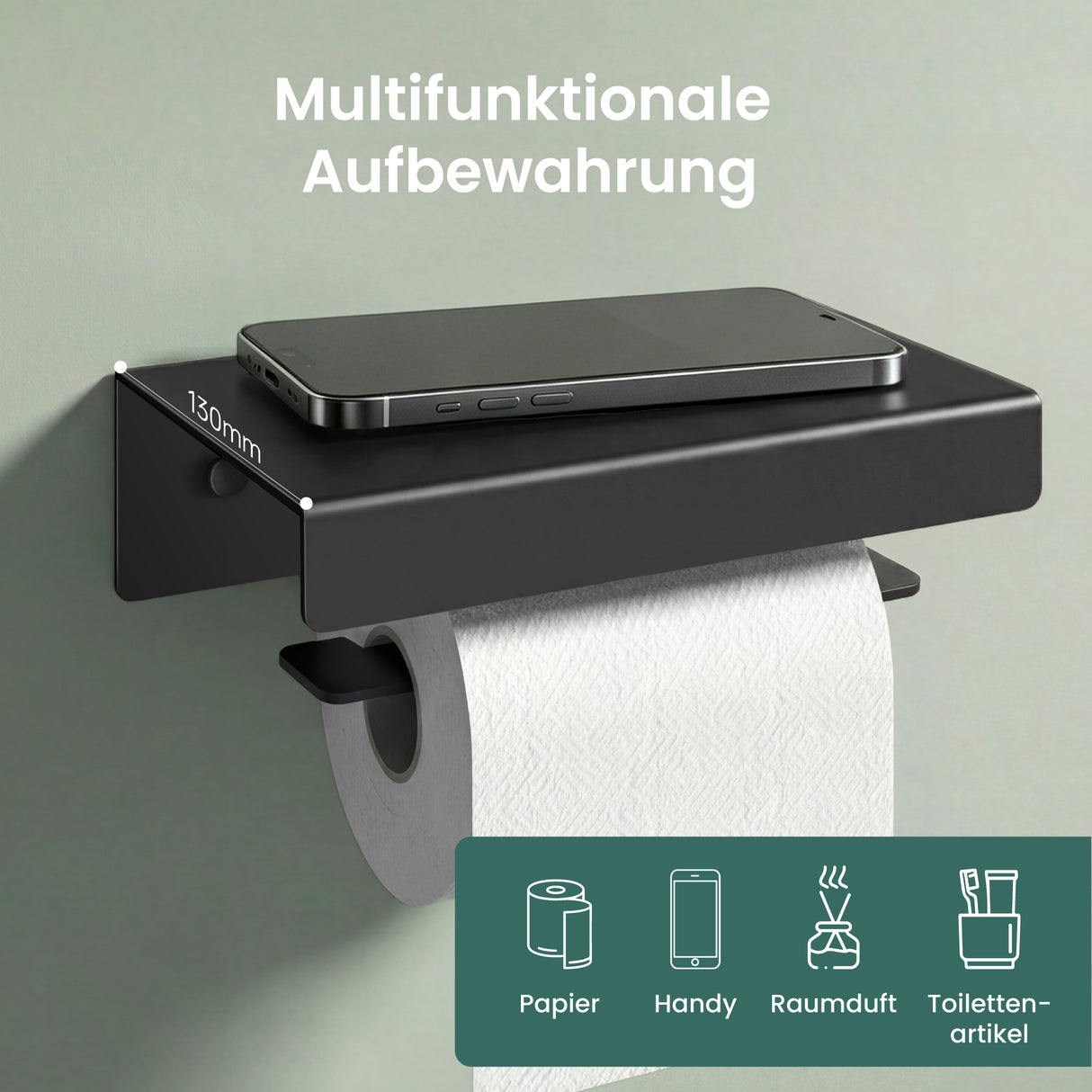 Porte-papier toilette Glasvilla avec étagère, support de papier toilette WC en alliage d'aluminium, dérouleur de papier toilette Lino-05