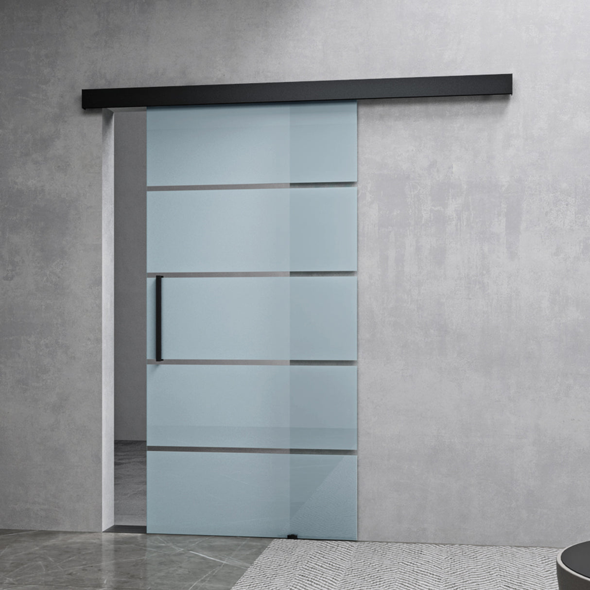 glasvilla Glasschiebetür komplettset, Griffart: Stangengriff, 25 mm Wandabstand, 8mm ESG-Sicherheitsglas Amalfi Schwarz