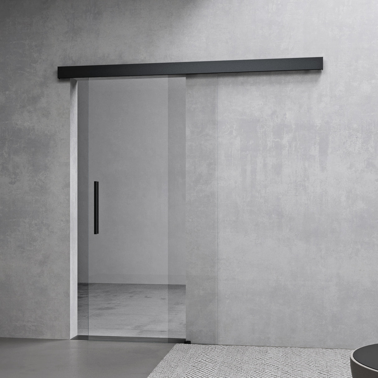 glasvilla Glasschiebetür komplettset, Griffart: Stangengriff, 25 mm Wandabstand, 8mm ESG-Sicherheitsglas Amalfi Schwarz