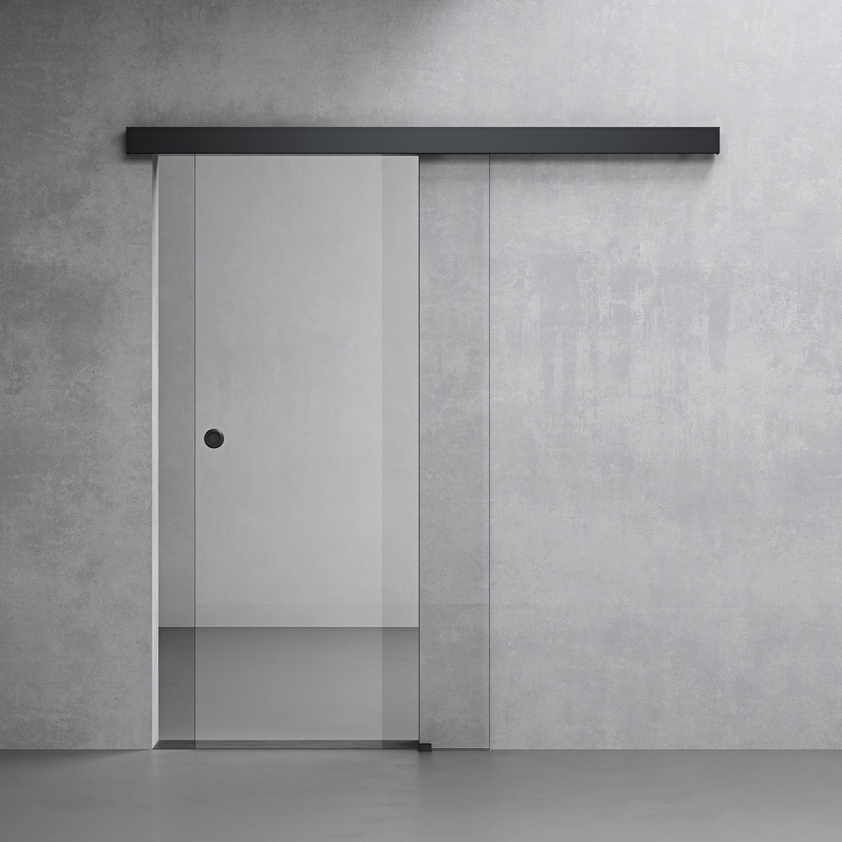 conjunto completo de puerta corredera de vidrio glasvilla, tipo de manija: manija de concha, incluye cierre suave, distancia de pared de 25 mm, vidrio de seguridad ESG de 8 mm Amalfi Negro