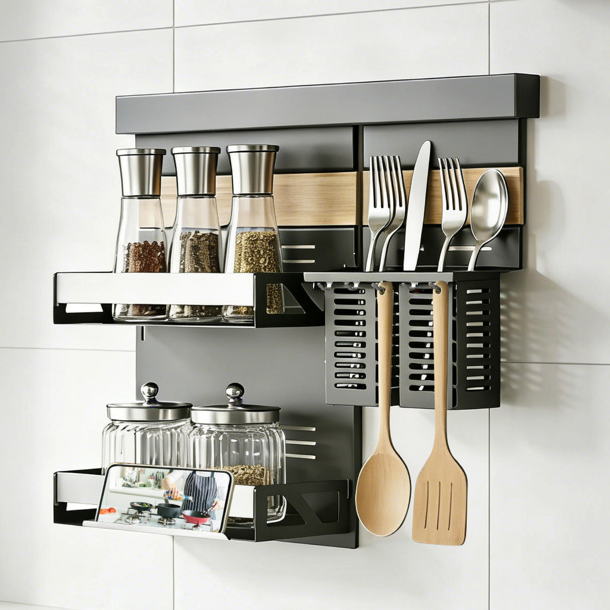 glasvilla -Stöckiges Gewürzregal Küche mit Handyhalter und Utensilientöpfe inkl. 5 Haken, Multifunktional Küchenregal abnehmbar mit Schiene , Küchen Organizer Reglo-09-12