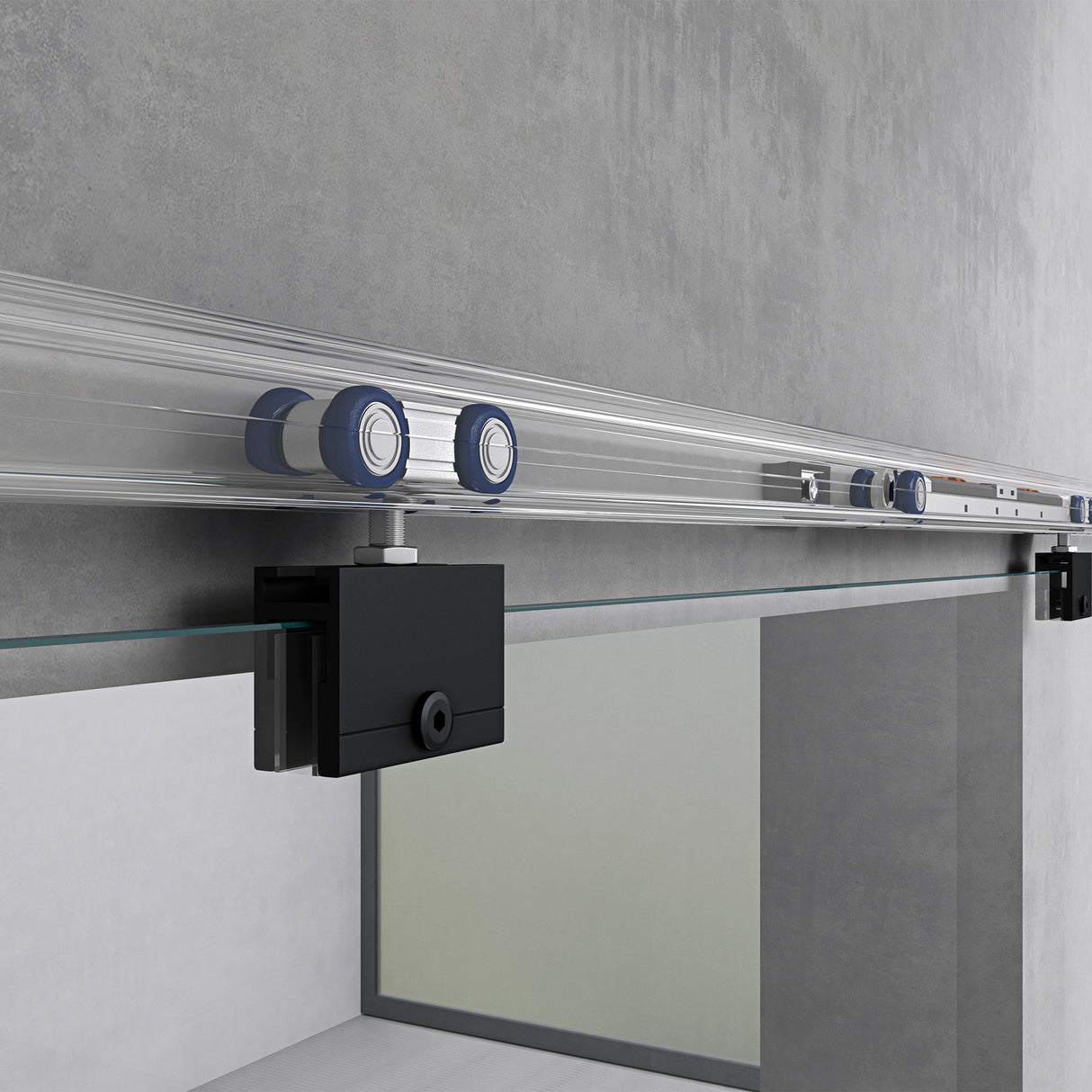 glasvilla Glasschiebetür komplettset, Griffart: Stangengriff, 15 mm Wandabstand, inkl. Soft-Close, 8mm ESG-Sicherheitsglas Amalfi Schwarz