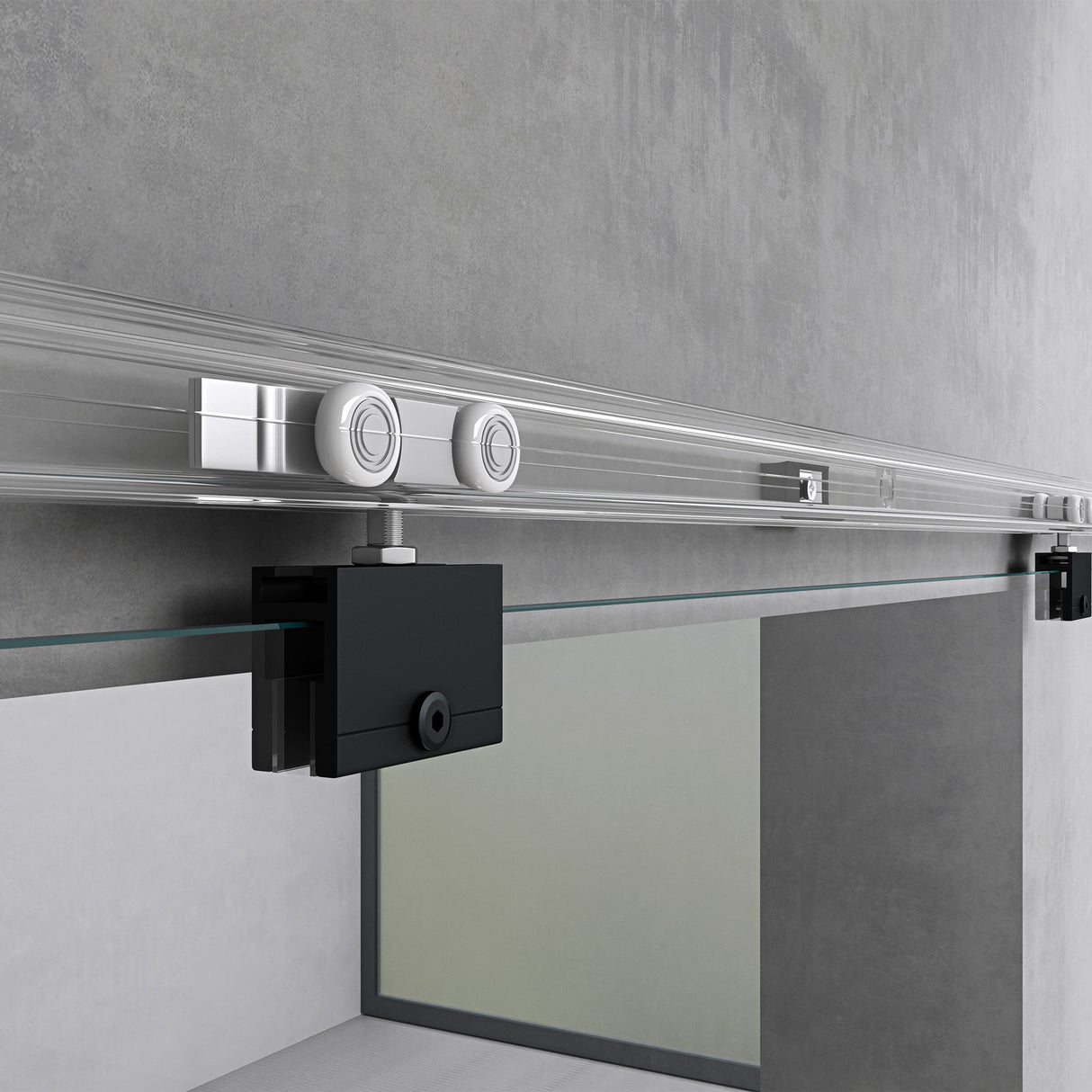 conjunto completo de puerta corredera de vidrio glasvilla, tipo de manija: manija de concha, distancia de pared de 15 mm, vidrio de seguridad ESG de 8 mm Amalfi Negro