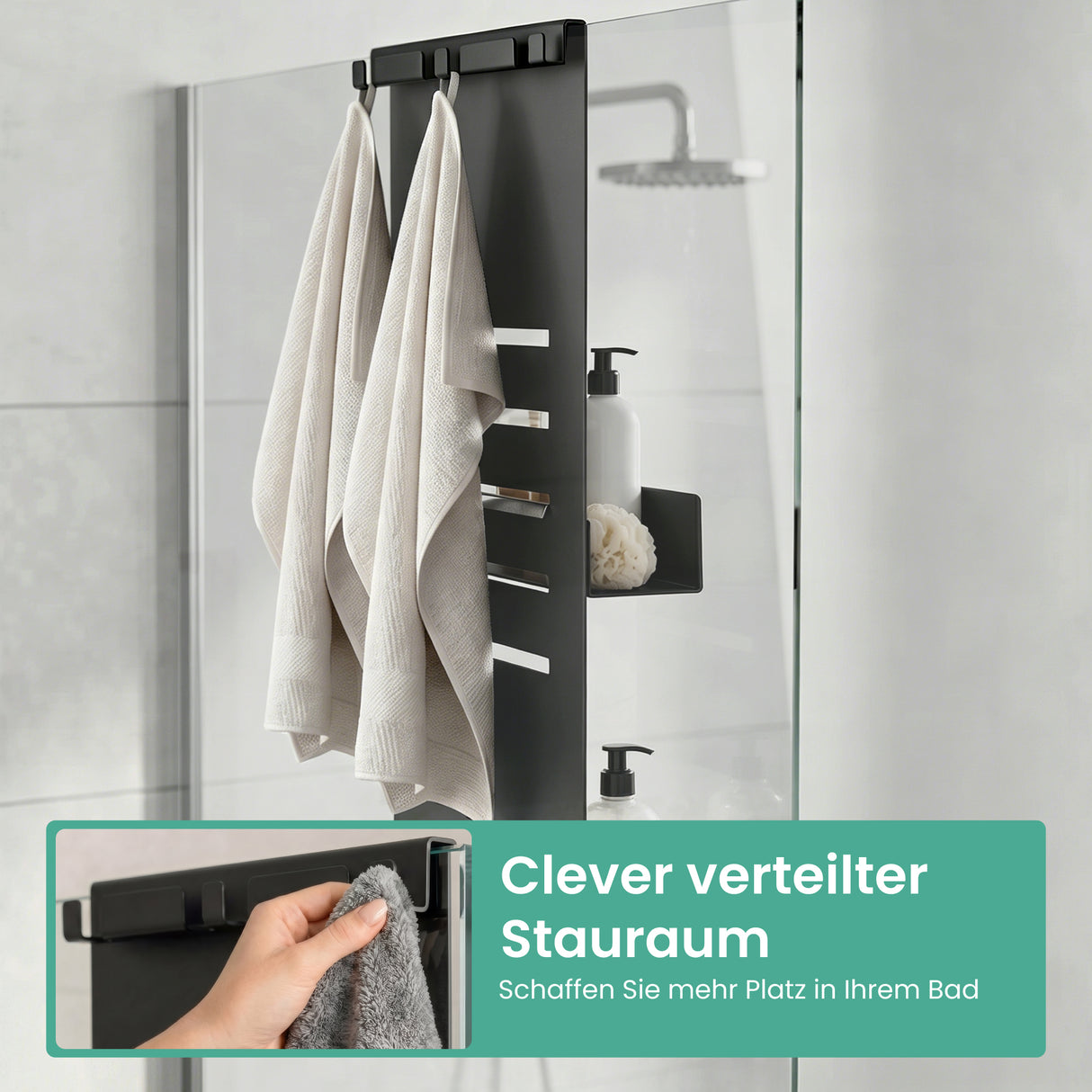 glasvilla Duschablage zum Hängen, Duschregal Ohne Bohren für Glasduschtüren, Hängeregal mit 2 Etagen und 3 Haken, Badezimmer Organizer Oryne-01