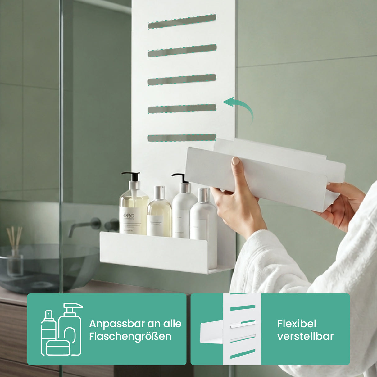 glasvilla Duschablage zum Hängen, Duschregal Ohne Bohren für Glasduschtüren, Hängeregal mit 2 Etagen und 3 Haken, Badezimmer Organizer Oryne-01