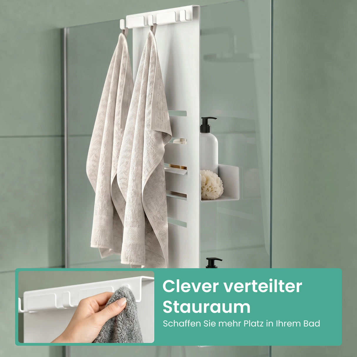 glasvilla Duschablage zum Hängen, Duschregal Ohne Bohren für Glasduschtüren, Hängeregal mit 2 Etagen und 3 Haken, Badezimmer Organizer Oryne-01