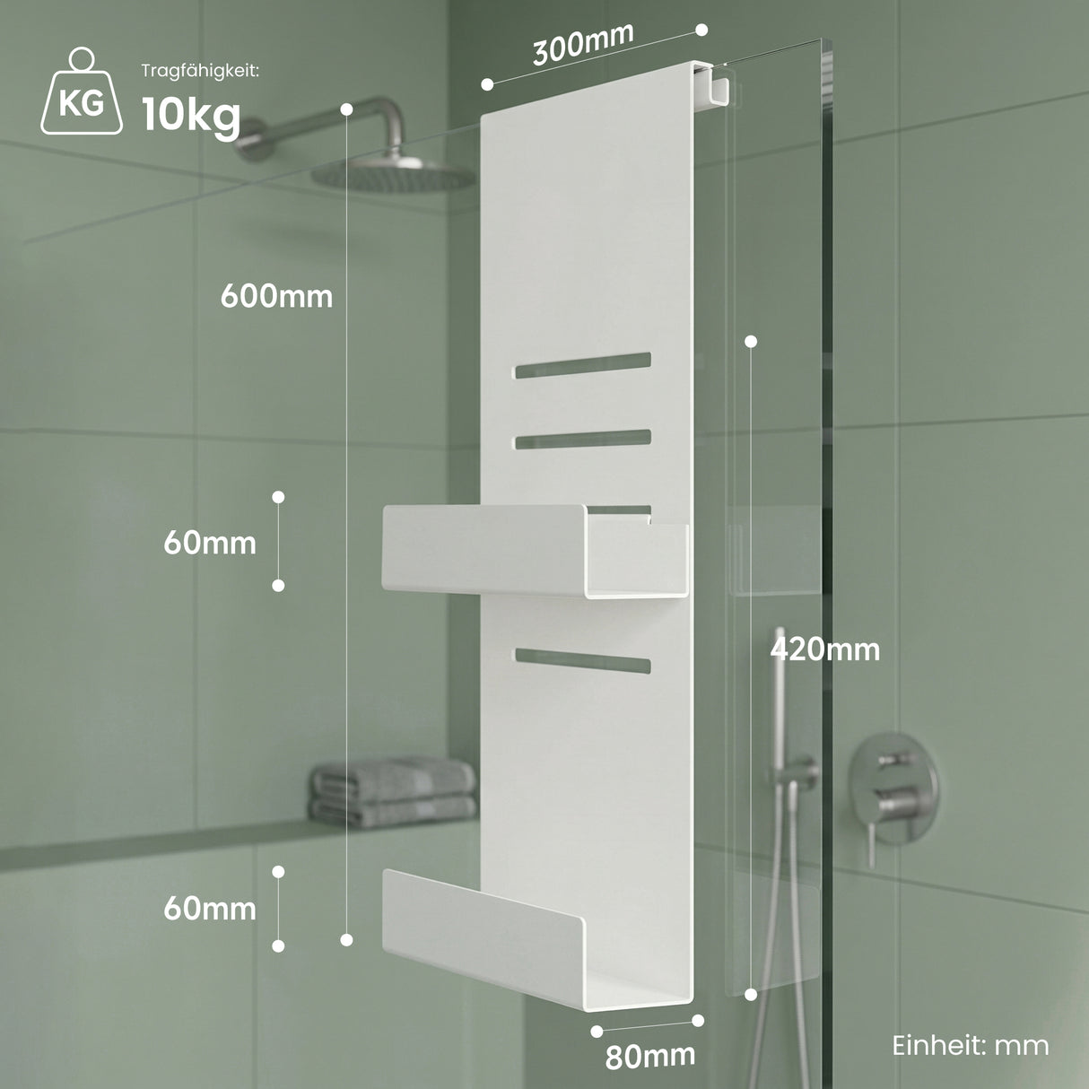glasvilla Duschablage zum Hängen, Duschregal Ohne Bohren für Glasduschtüren, Hängeregal mit 2 Etagen und 3 Haken, Badezimmer Organizer Oryne-01