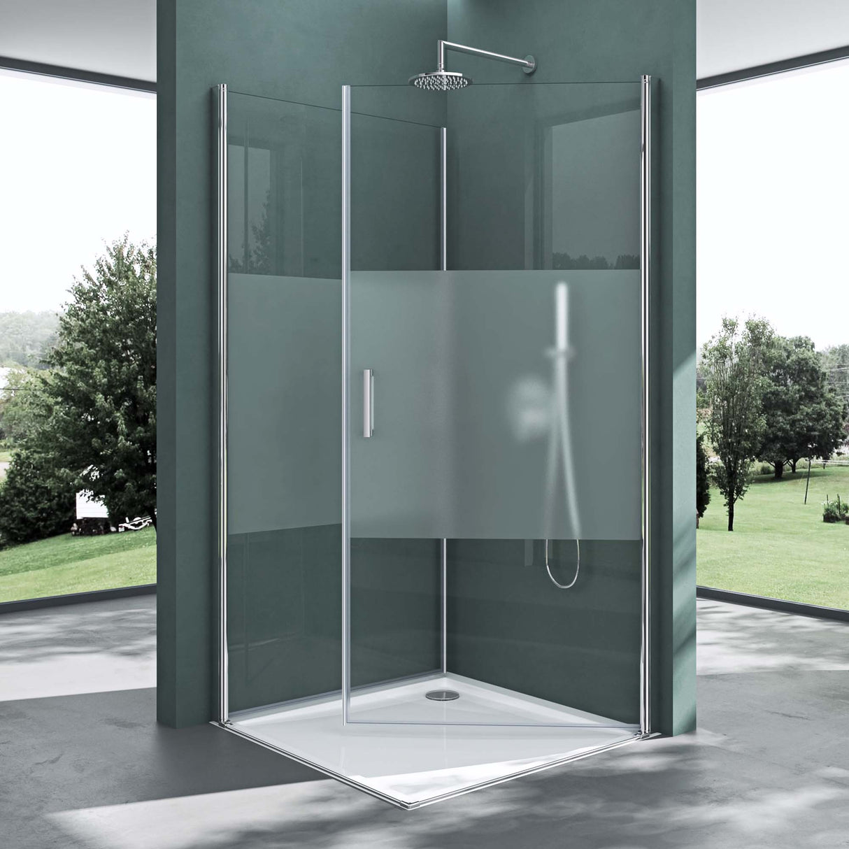 cabina de ducha glasvilla entrada en esquina mecanismo de elevación y descenso separación de ducha vidrio lechoso vidrio de seguridad ESG efecto loto plegable Ravenna24MS