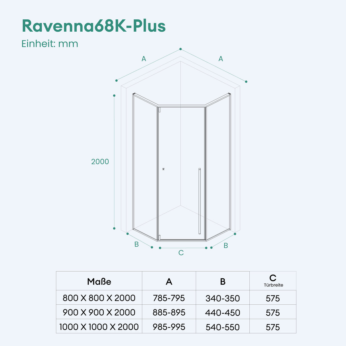 glasvilla Fünfeckdusche mit Drehtür Duschkabine Eckdusche 8mm ESG-Sicherheitsglas Nano-Beschichtung Duschabtrennung Ravenna68K-Plus