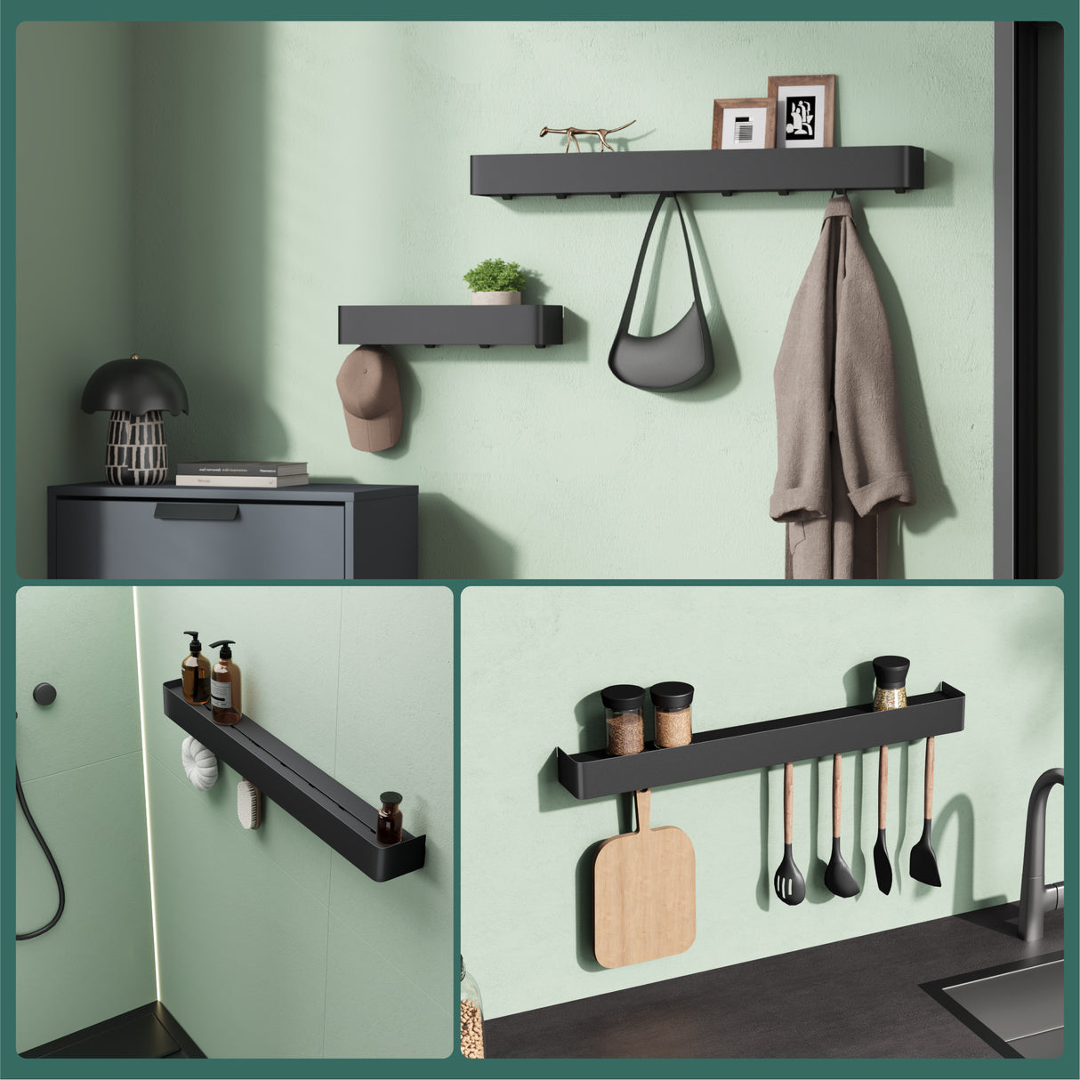 glasvilla Duschablage zum Bohren oder Kleben, Duschregal mit Haken, Badablage zur Wandmontage, Badezimmer Organizer Reglo-05