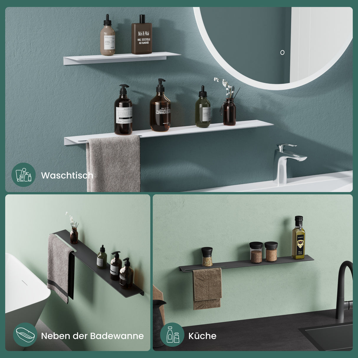 glasvolla Duschablage zum Bohren oder Kleben Duschregal Badablage aus Aluminium Badezimmerablage zur Wandmontage Badezimmer Organizer Reglo-06