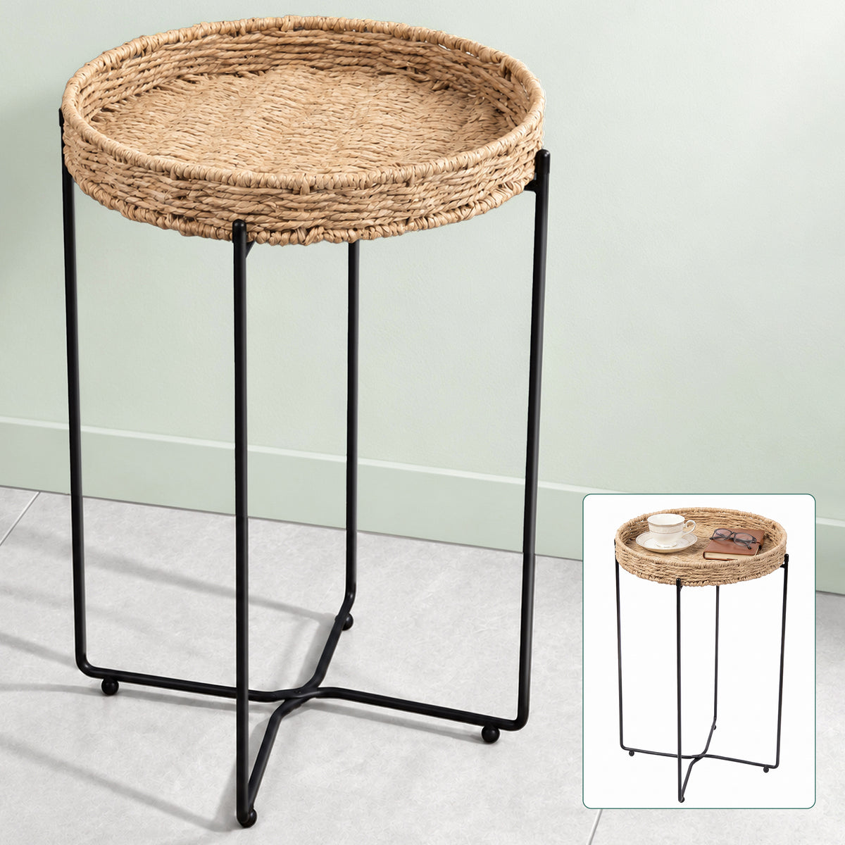 glasvilla Beistelltisch rund , Couchtisch klein mit abnehmbarem Tablett aus Papierkordel, Sofatisch für Wohnzimmer, Schlafzimmer und Balkon, Reglo-08