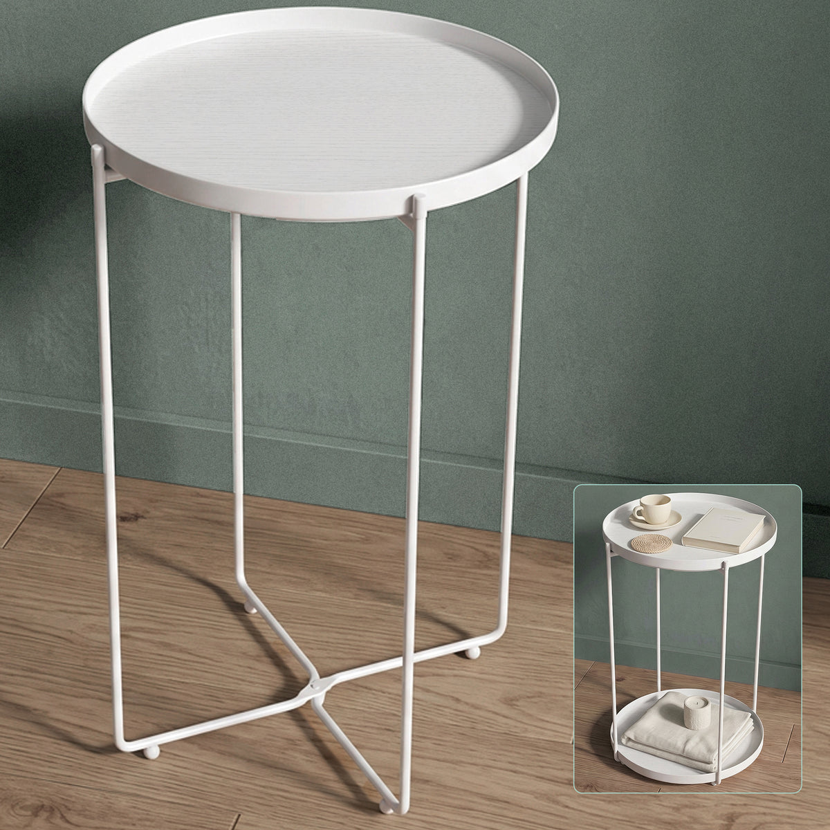 glasvilla Beistelltisch rund , Couchtisch klein mit abnehmbarem Tablett aus Papierkordel, Sofatisch für Wohnzimmer, Schlafzimmer und Balkon, Reglo-08