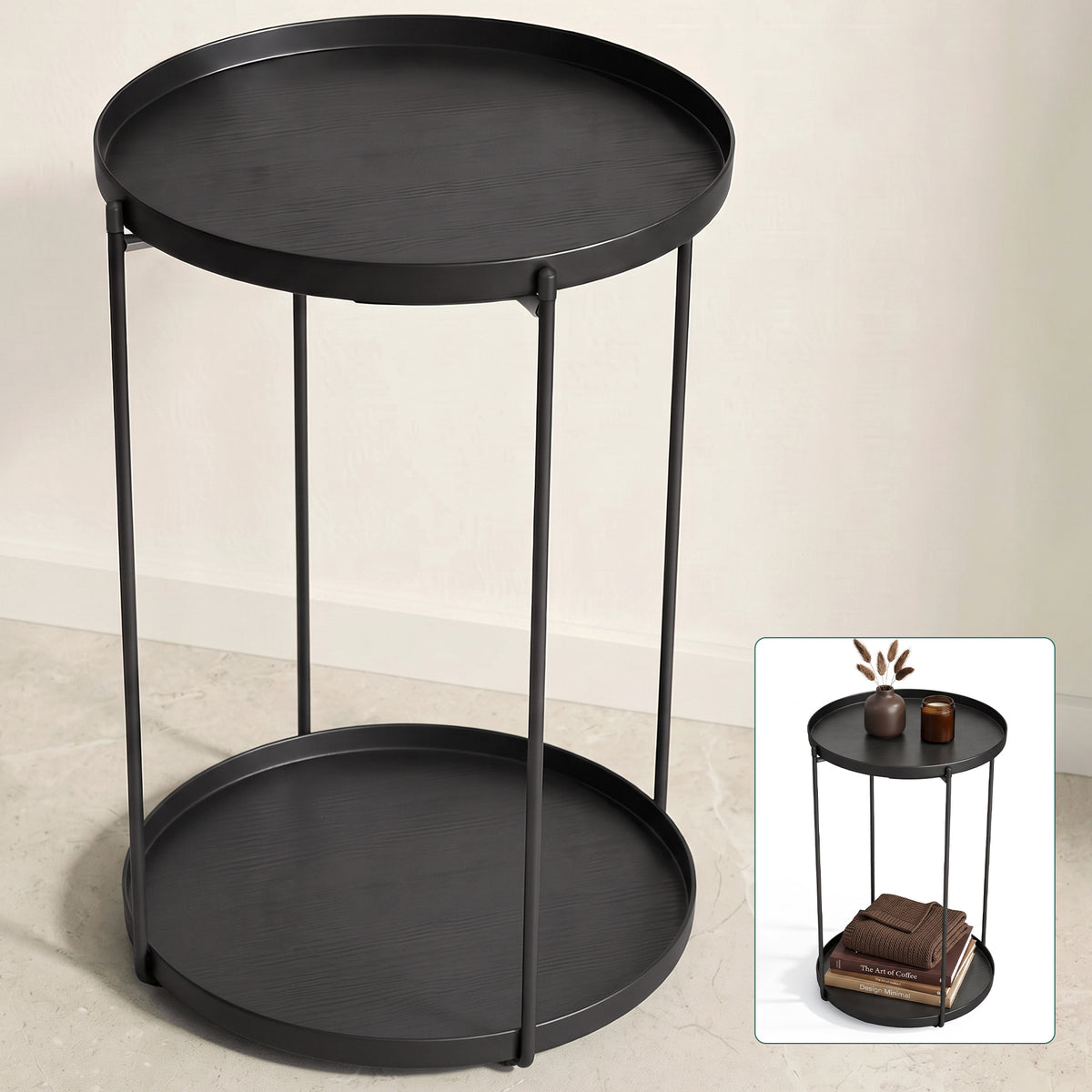 glasvilla Beistelltisch , Couchtisch klein mit abnehmbarem Tablett aus PP-Kunststoff, Sofatisch für Wohnzimmer, Schlafzimmer und Balkon, Reglo-08
