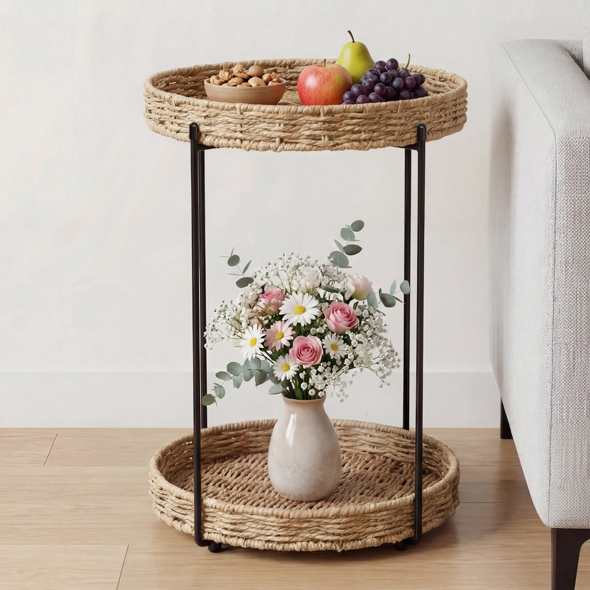 glasvilla Beistelltisch rund , Couchtisch klein mit abnehmbarem Tablett aus Papierkordel, Sofatisch für Wohnzimmer, Schlafzimmer und Balkon, Reglo-08