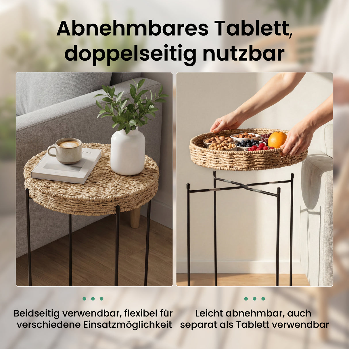 glasvilla Beistelltisch rund , Couchtisch klein mit abnehmbarem Tablett aus Papierkordel, Sofatisch für Wohnzimmer, Schlafzimmer und Balkon, Reglo-08
