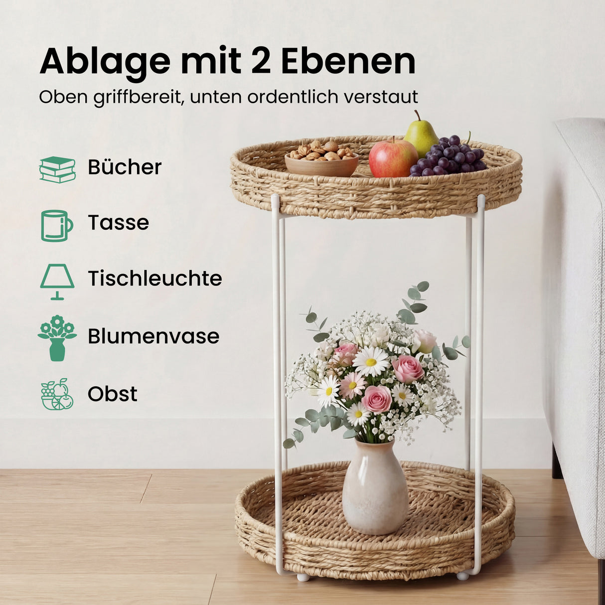 glasvilla Beistelltisch rund , Couchtisch klein mit abnehmbarem Tablett aus Papierkordel, Sofatisch für Wohnzimmer, Schlafzimmer und Balkon, Reglo-08