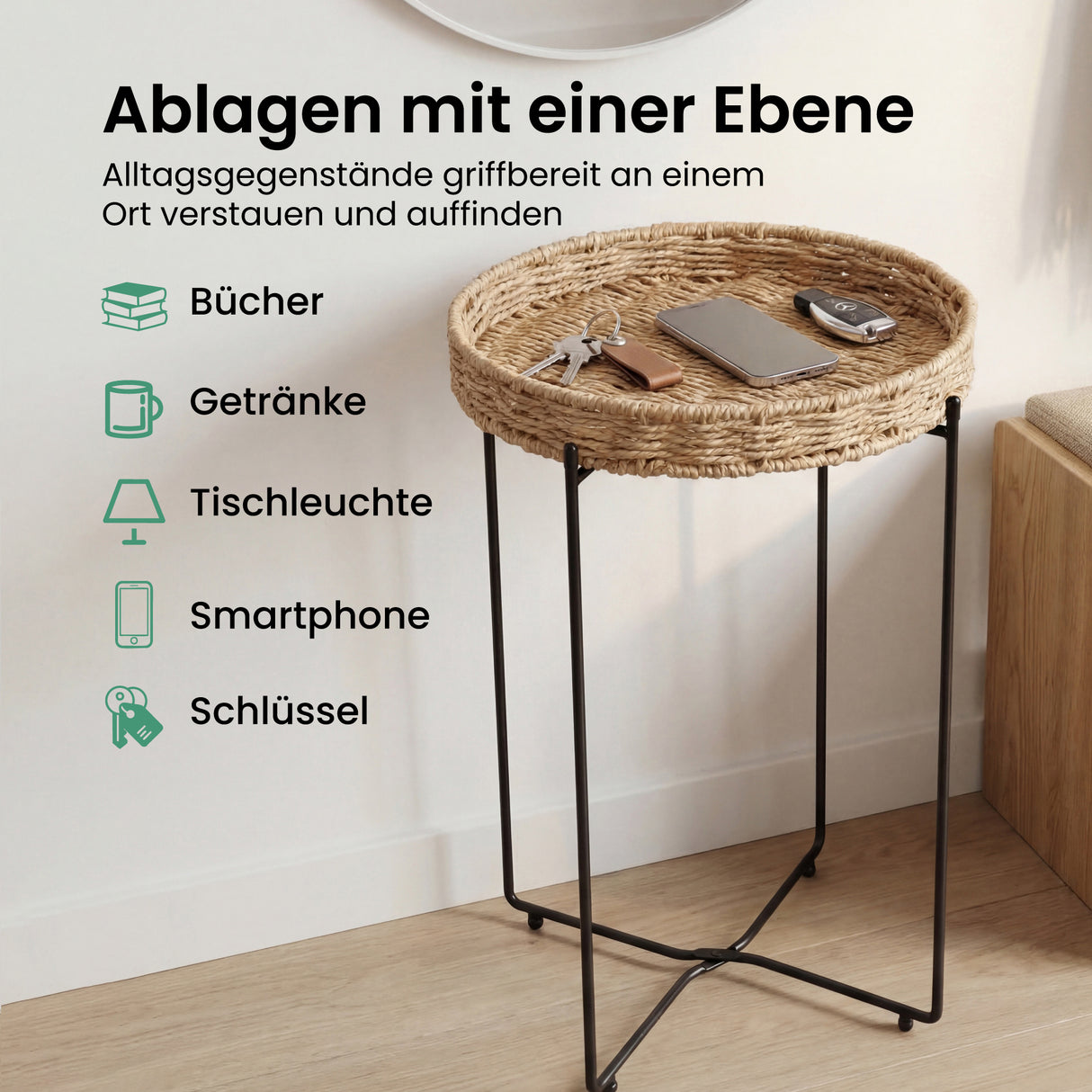 glasvilla Beistelltisch rund , Couchtisch klein mit abnehmbarem Tablett aus Papierkordel, Sofatisch für Wohnzimmer, Schlafzimmer und Balkon, Reglo-08