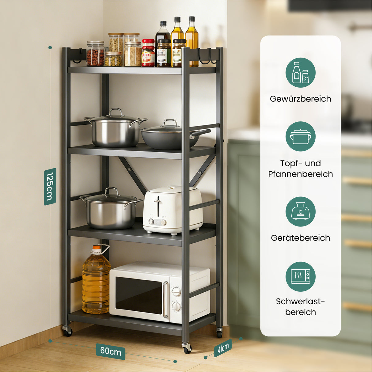 Glasvilla küchenregal stehend mit 4 Ebenen, Standregal küchen mit 4 Lenkrollen und Seitlichen Haken, Küchen Organizer für Mikrowelle, Töpfe & Gewürze, Reglo-13