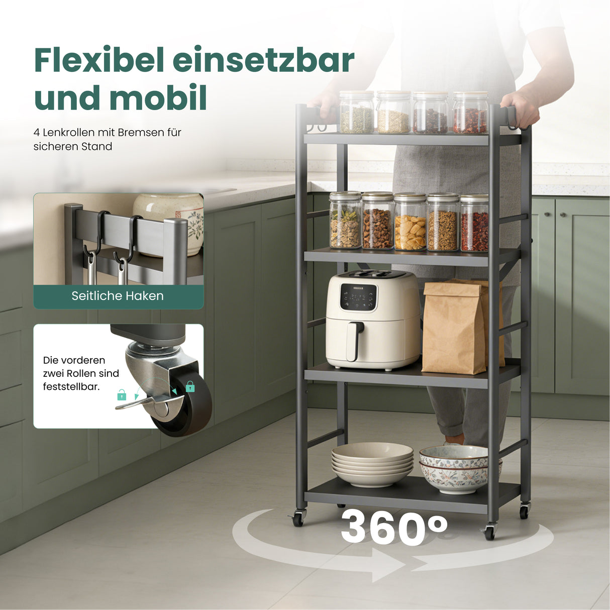 Glasvilla küchenregal stehend mit 4 Ebenen, Standregal küchen mit 4 Lenkrollen und Seitlichen Haken, Küchen Organizer für Mikrowelle, Töpfe & Gewürze, Reglo-13