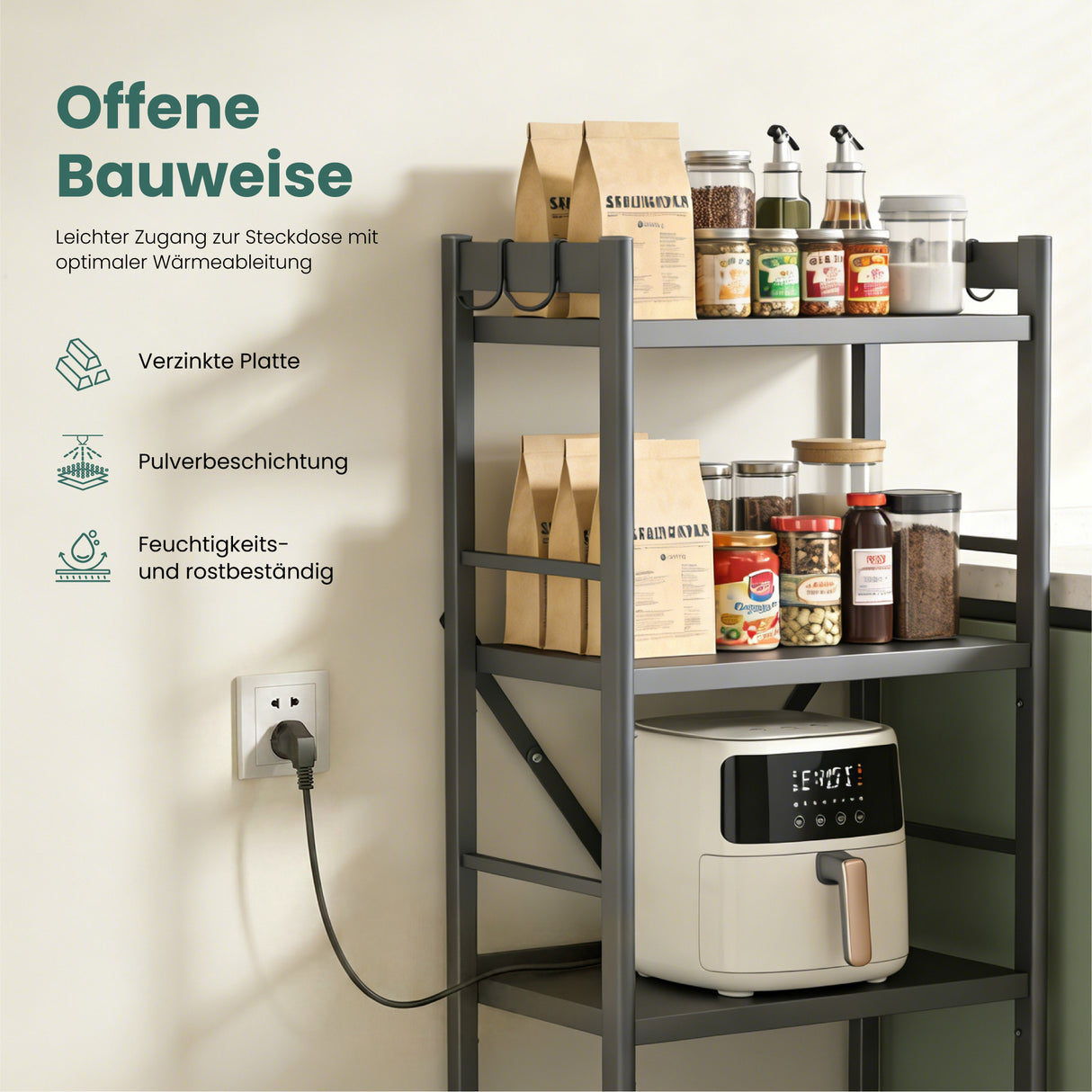 Glasvilla küchenregal stehend mit 4 Ebenen, Standregal küchen mit 4 Lenkrollen und Seitlichen Haken, Küchen Organizer für Mikrowelle, Töpfe & Gewürze, Reglo-13